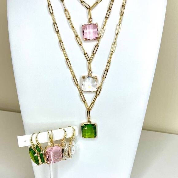 NEW Paperclip Chain Necklace 16" 18" 20" Pink Faceted Chunk Pendant Trendy U02 - Picture 6 of 6